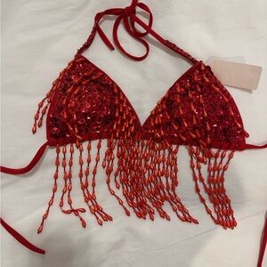 Red Sequin Beaded Bikini Top